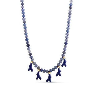 Blue Coral Branch Beaded Necklace - Natural Stone with Navy Charms 16" Waterproof