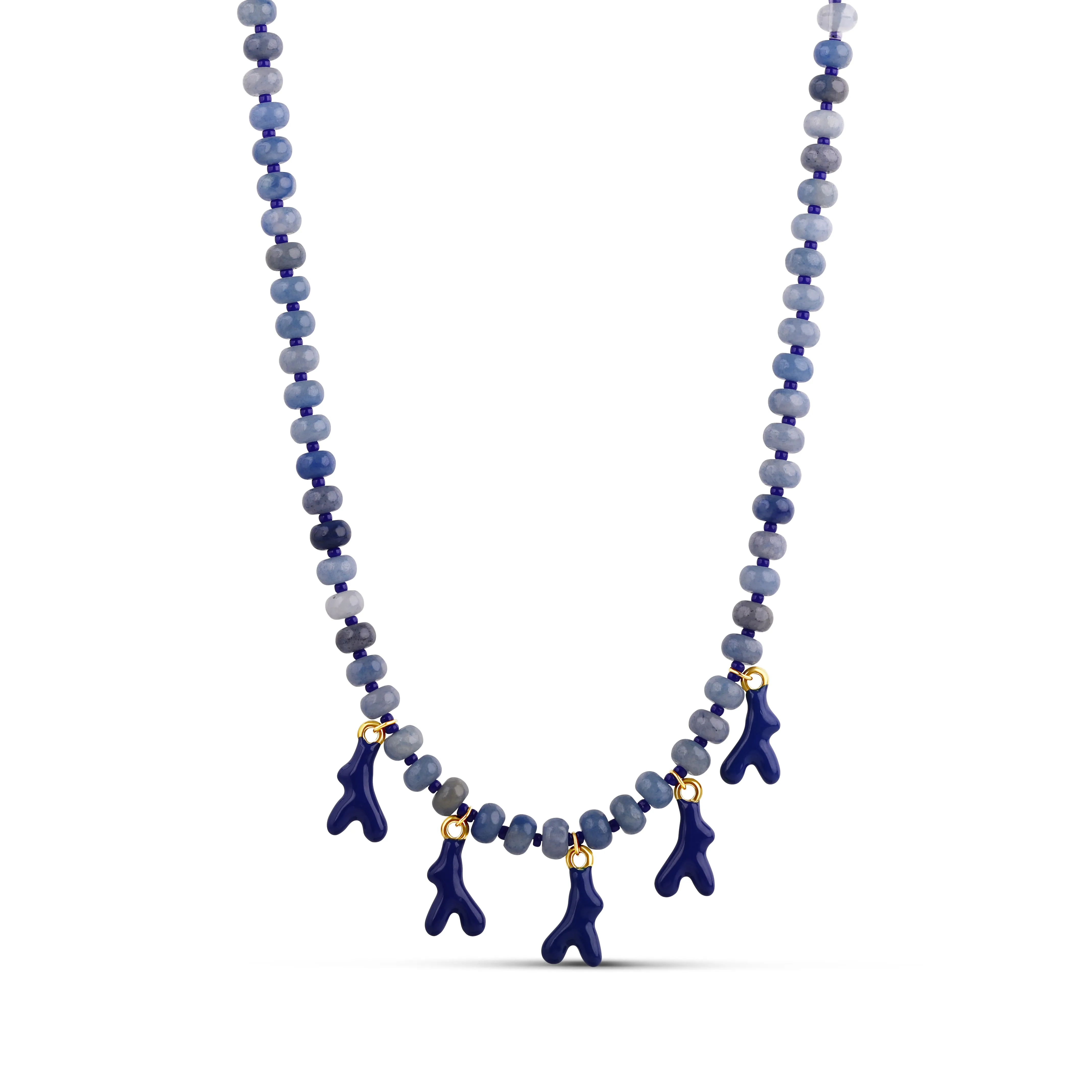 Blue Coral Branch Beaded Necklace - Natural Stone with Navy Charms 16" Waterproof