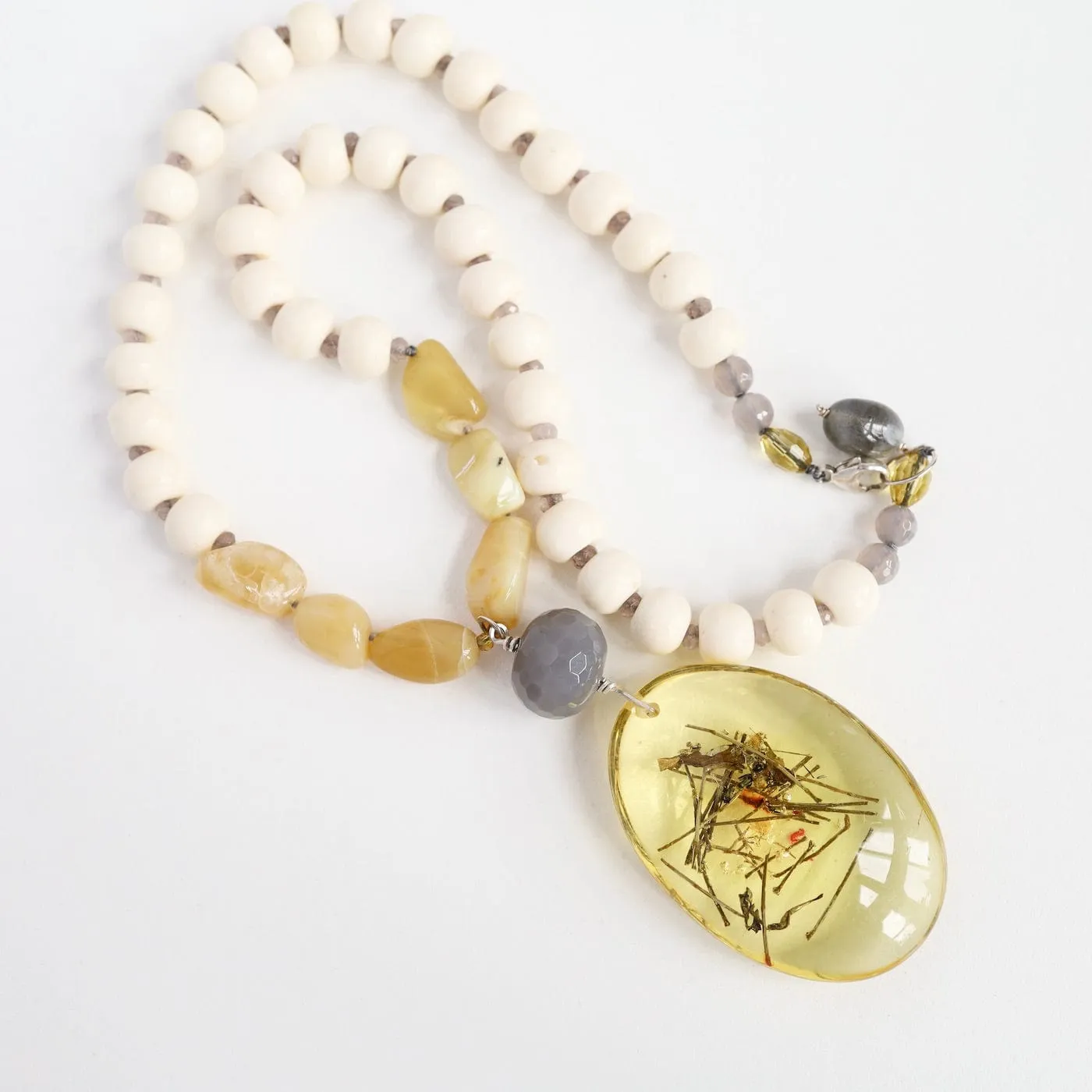 Bone & Yellow Jade Necklace with Amber Pendant Necklace
