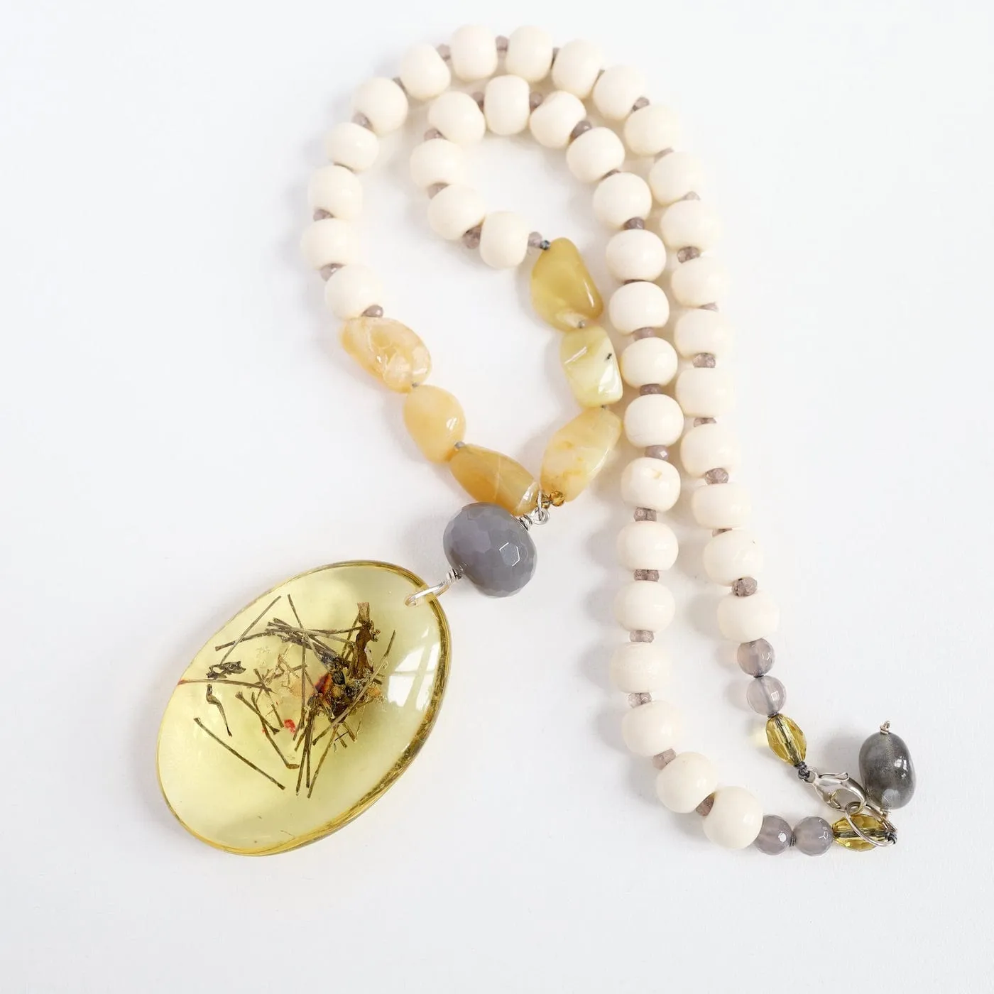 Bone & Yellow Jade Necklace with Amber Pendant Necklace