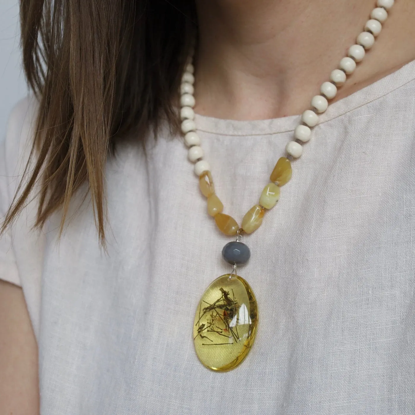 Bone & Yellow Jade Necklace with Amber Pendant Necklace