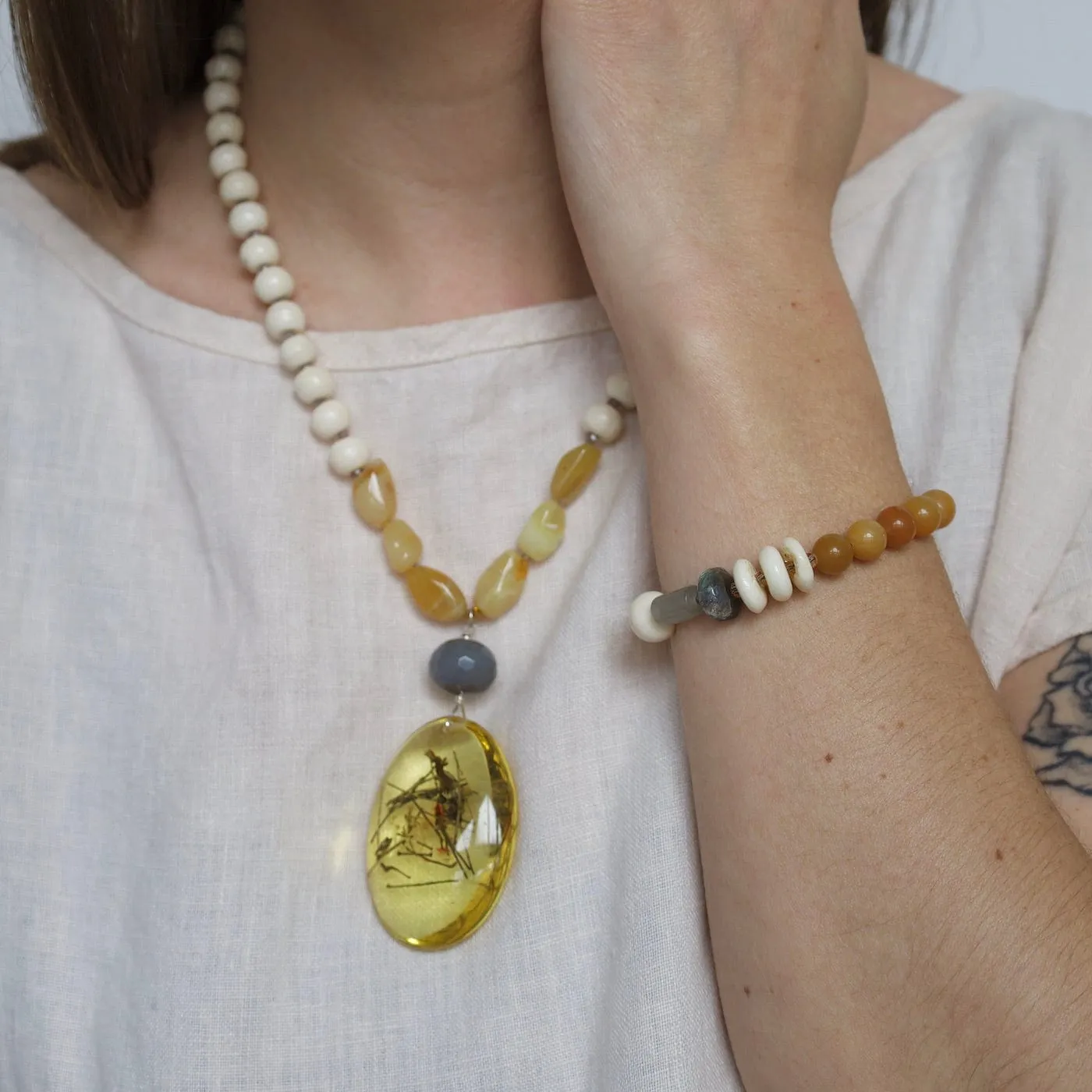Bone & Yellow Jade Necklace with Amber Pendant Necklace