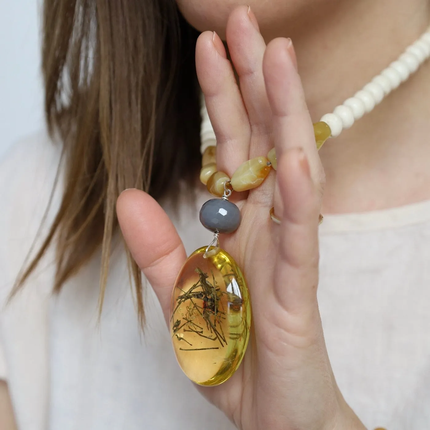 Bone & Yellow Jade Necklace with Amber Pendant Necklace