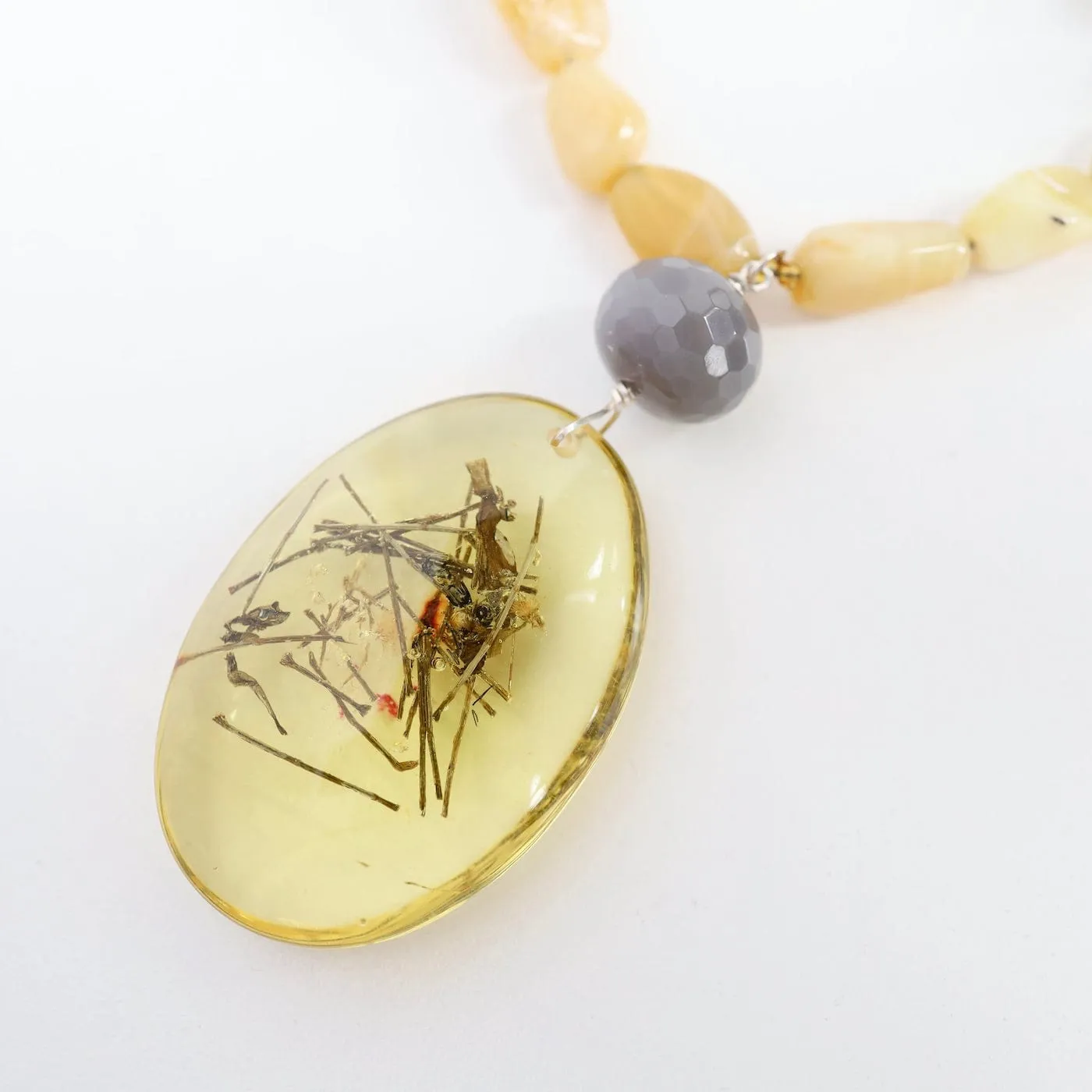 Bone & Yellow Jade Necklace with Amber Pendant Necklace