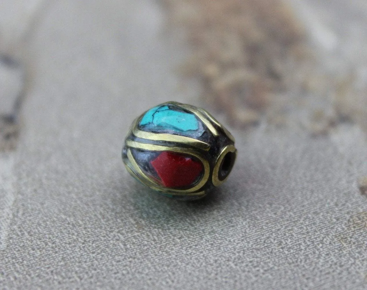 Brass Coral and Turquoise Tibetan Bead 9mm