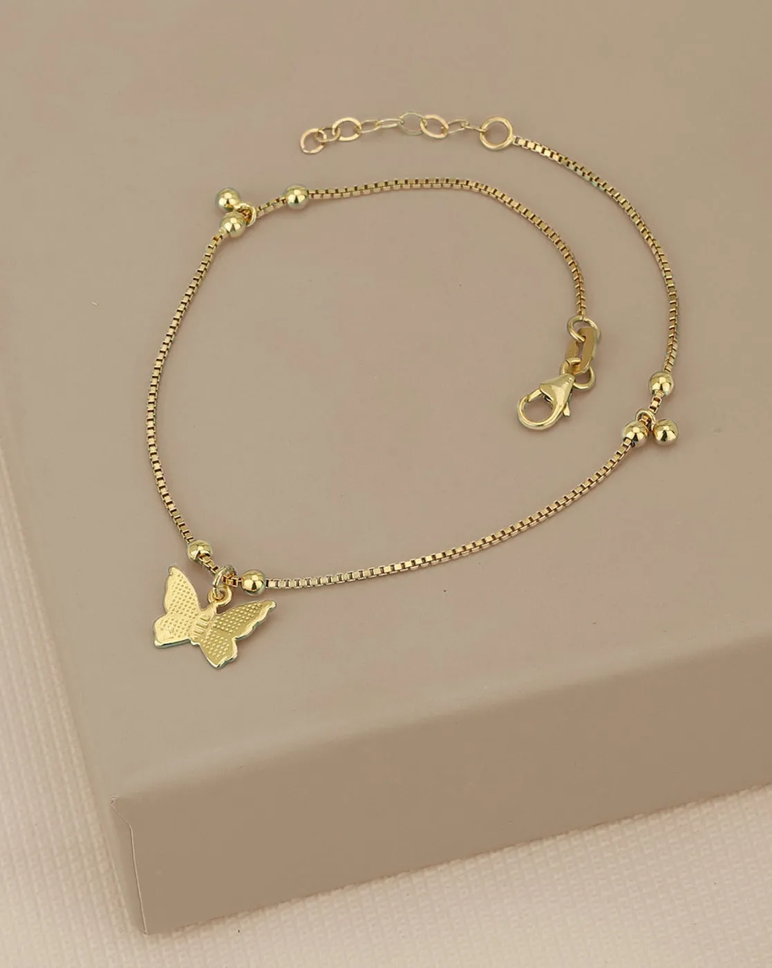 Carlton London 18Kt Gold Plated Anklet With Dangling Butterfly Charm & Beads