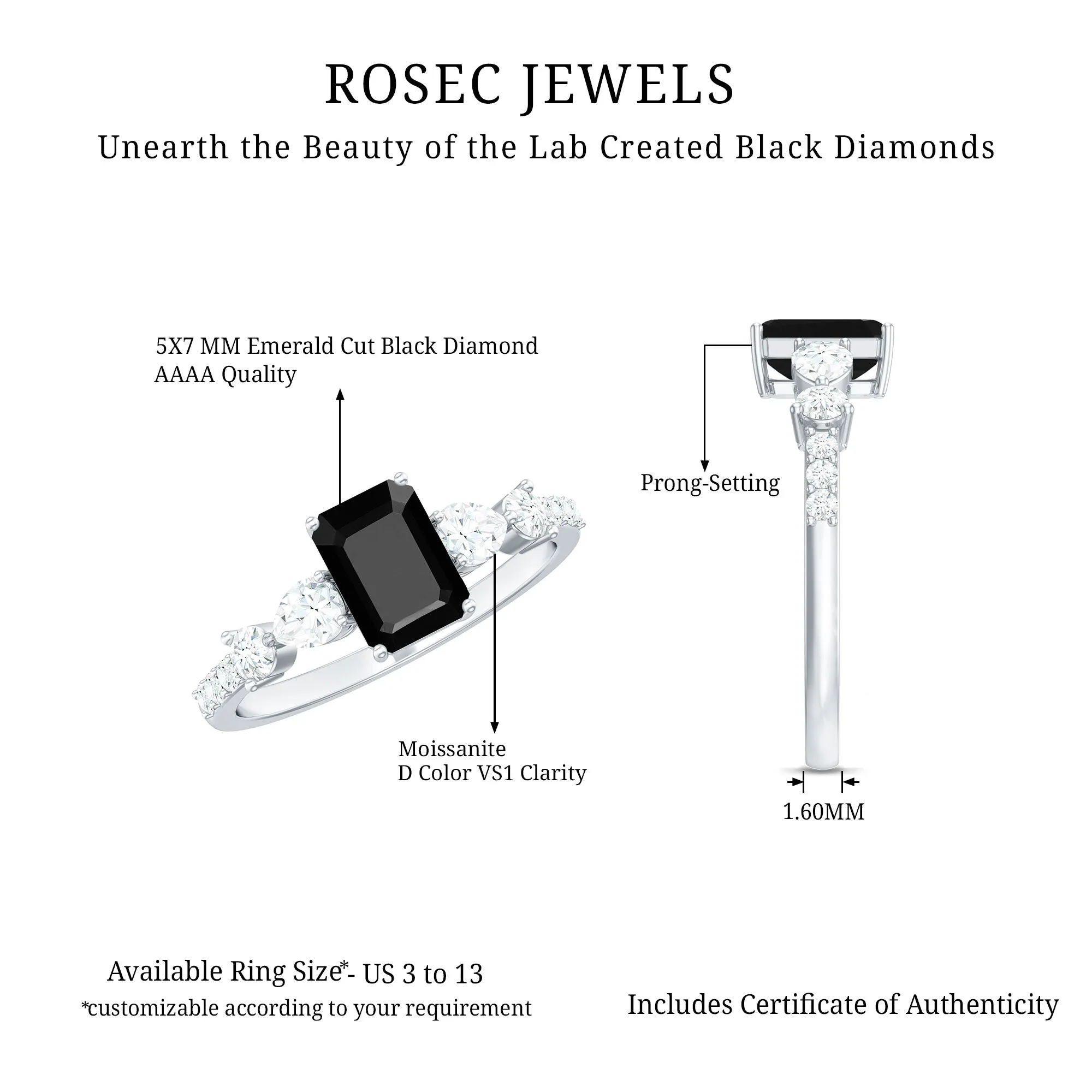 Classic Created Black Diamond Engagement Ring with Moissanite Side Stones