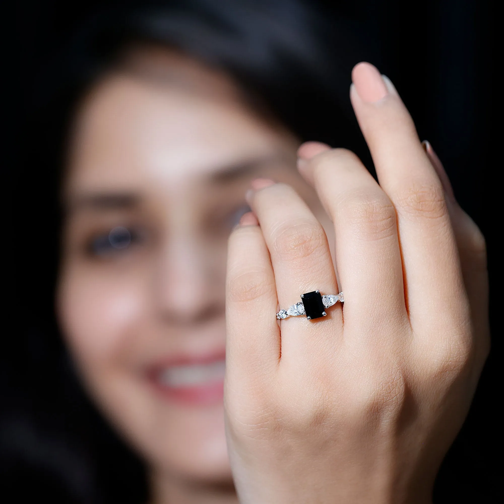 Classic Created Black Diamond Engagement Ring with Moissanite Side Stones