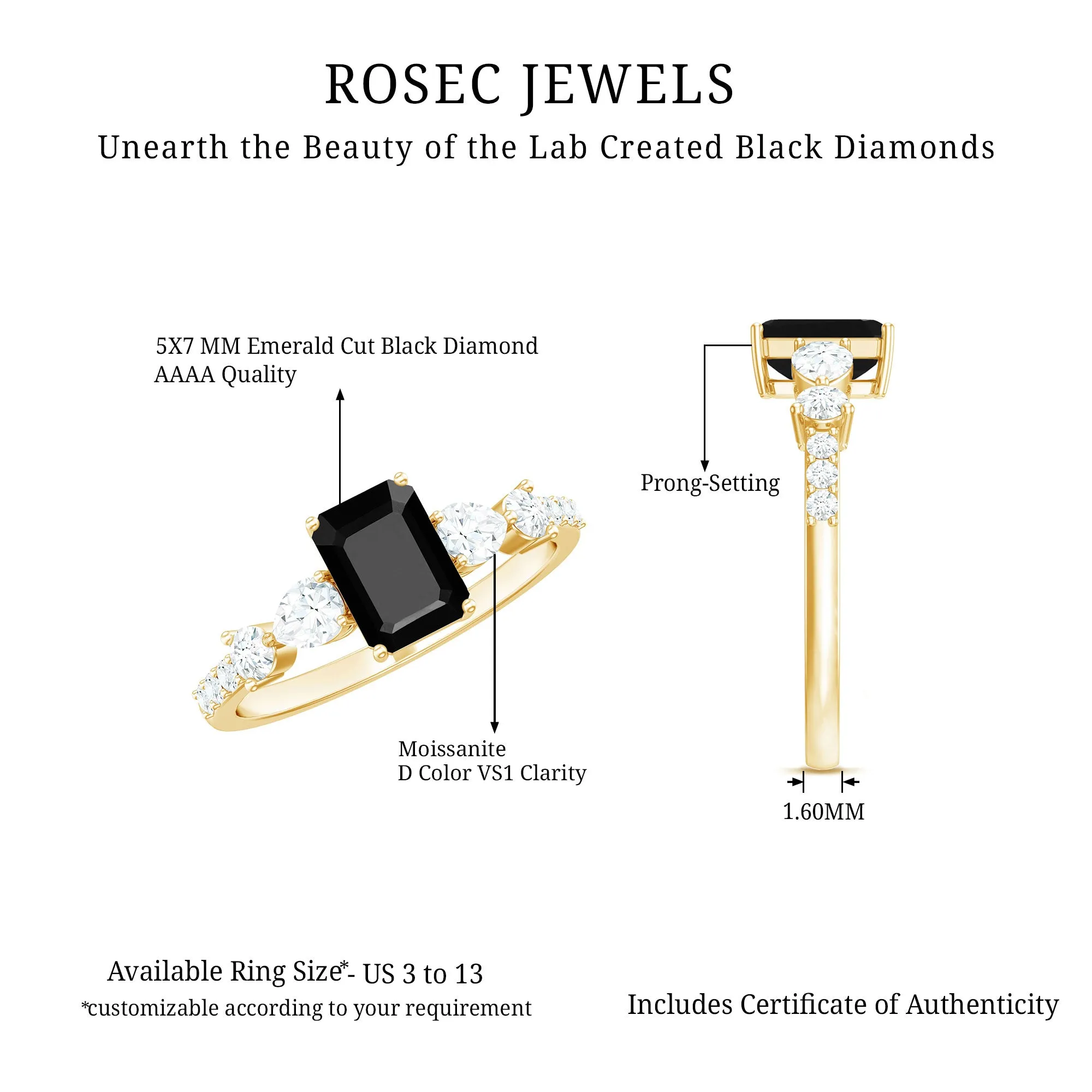 Classic Created Black Diamond Engagement Ring with Moissanite Side Stones