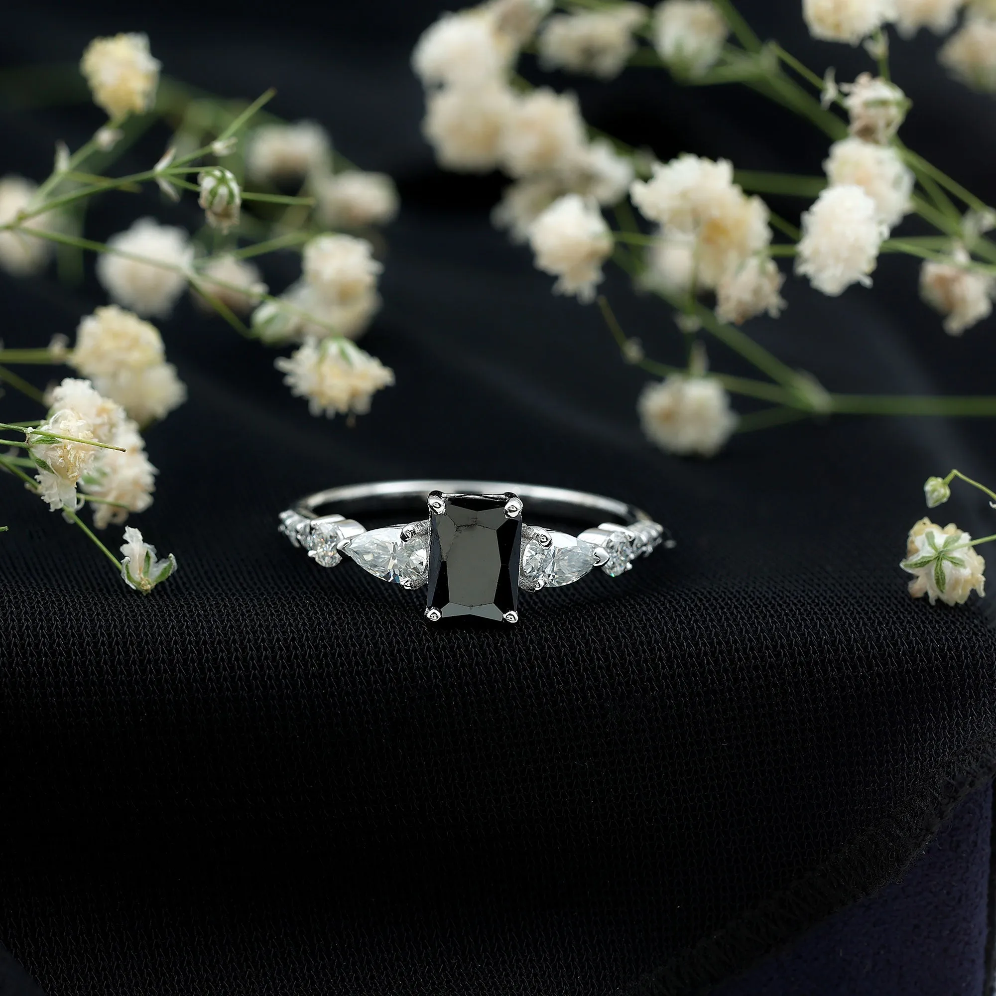 Classic Created Black Diamond Engagement Ring with Moissanite Side Stones