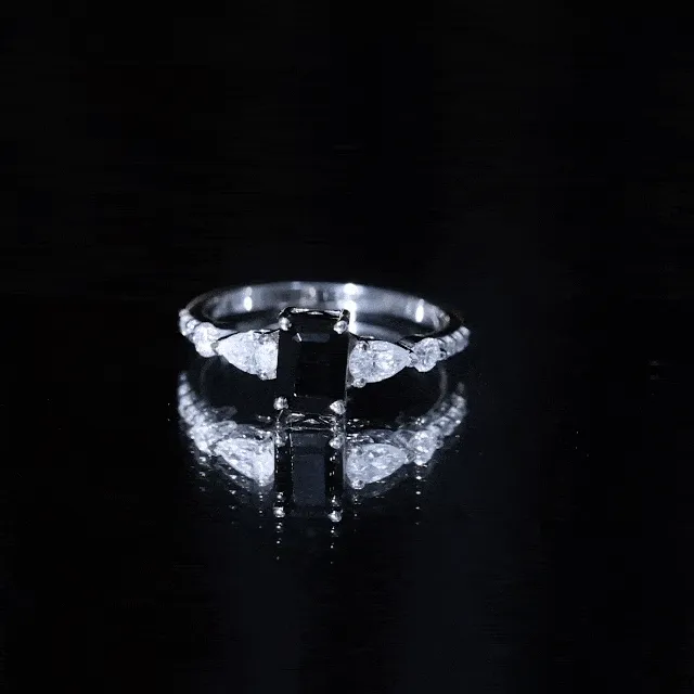 Classic Created Black Diamond Engagement Ring with Moissanite Side Stones