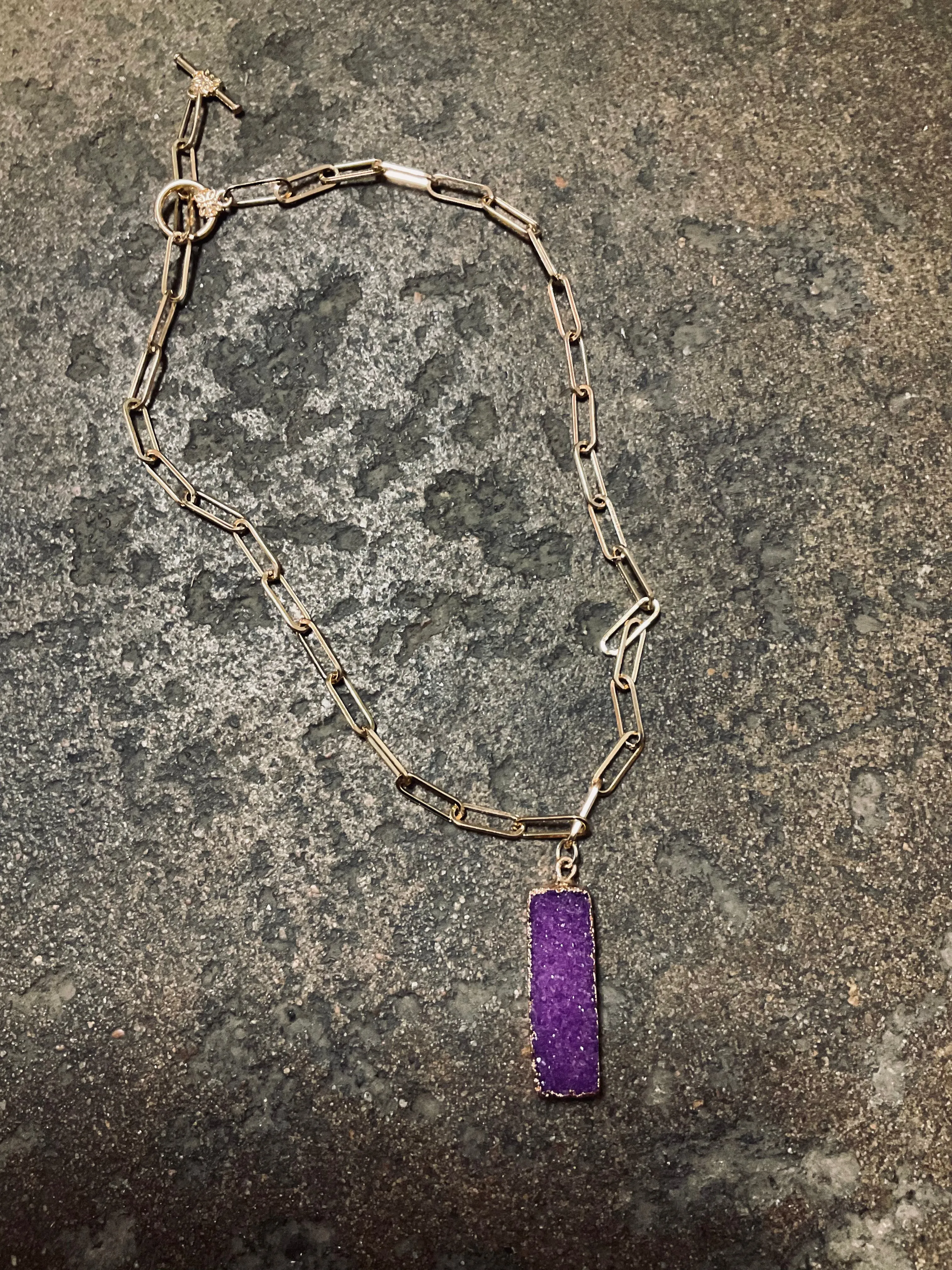 Colorful Geode Crystal Necklaces With Gold Bar & Toggle Chain