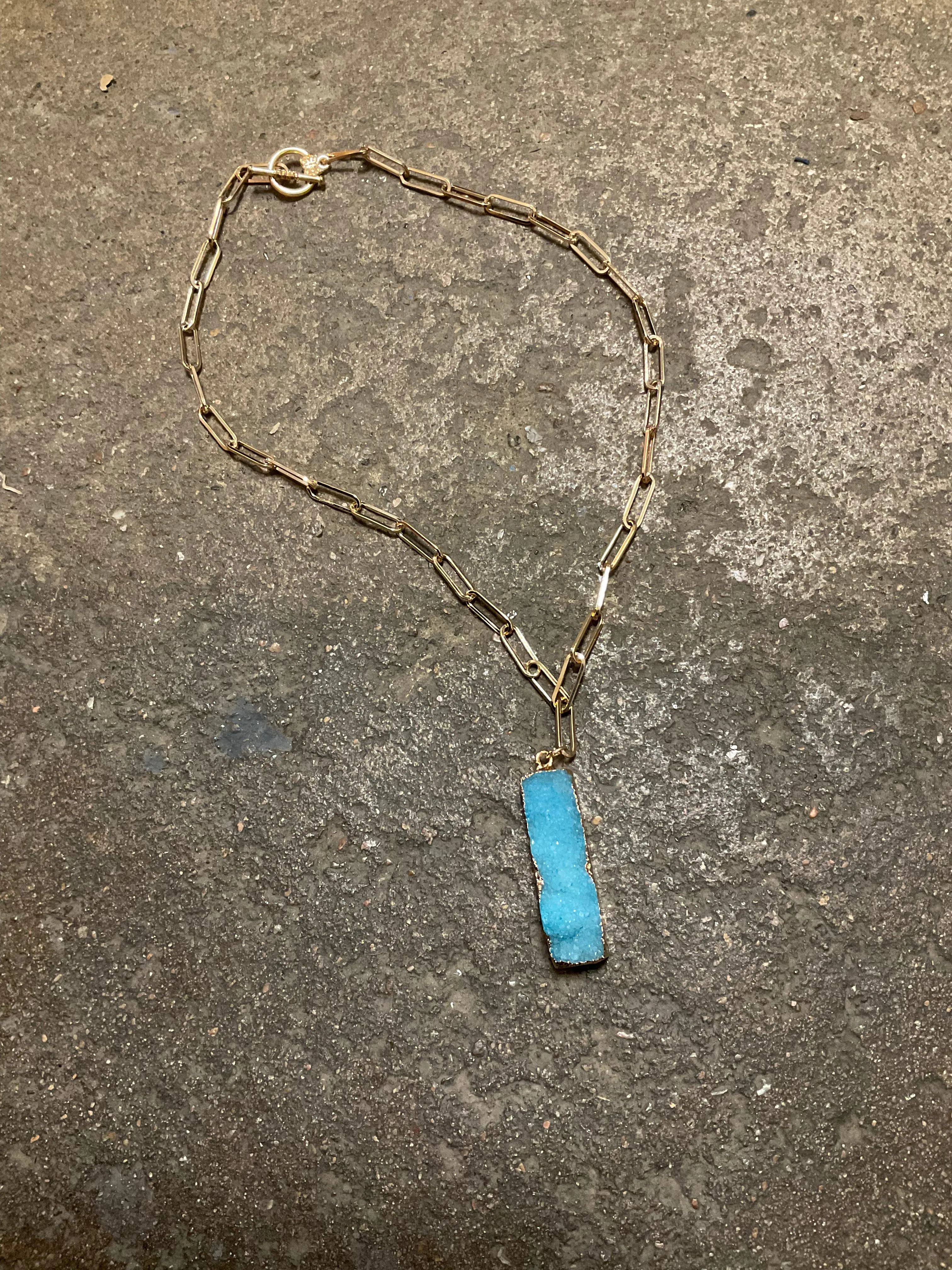 Colorful Geode Crystal Necklaces With Gold Bar & Toggle Chain
