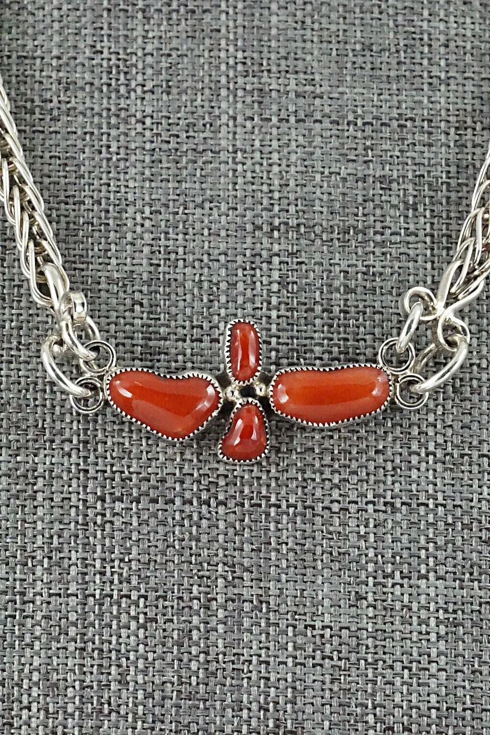 Coral & Sterling Silver Necklace and Earrings Set - Smokey Gchachu