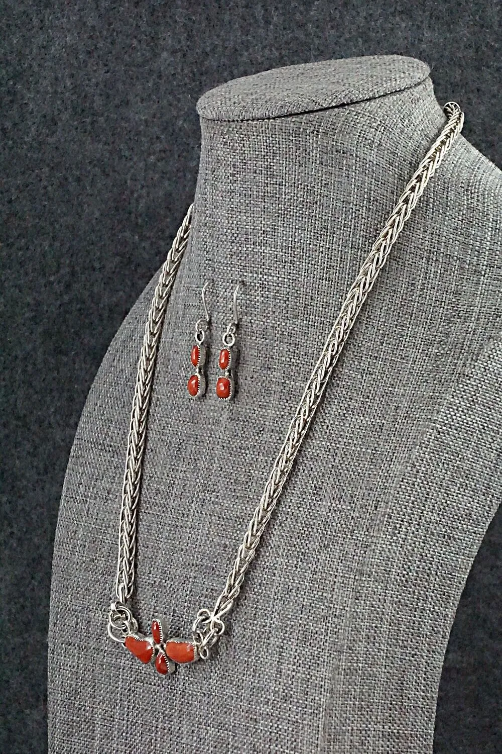 Coral & Sterling Silver Necklace and Earrings Set - Smokey Gchachu
