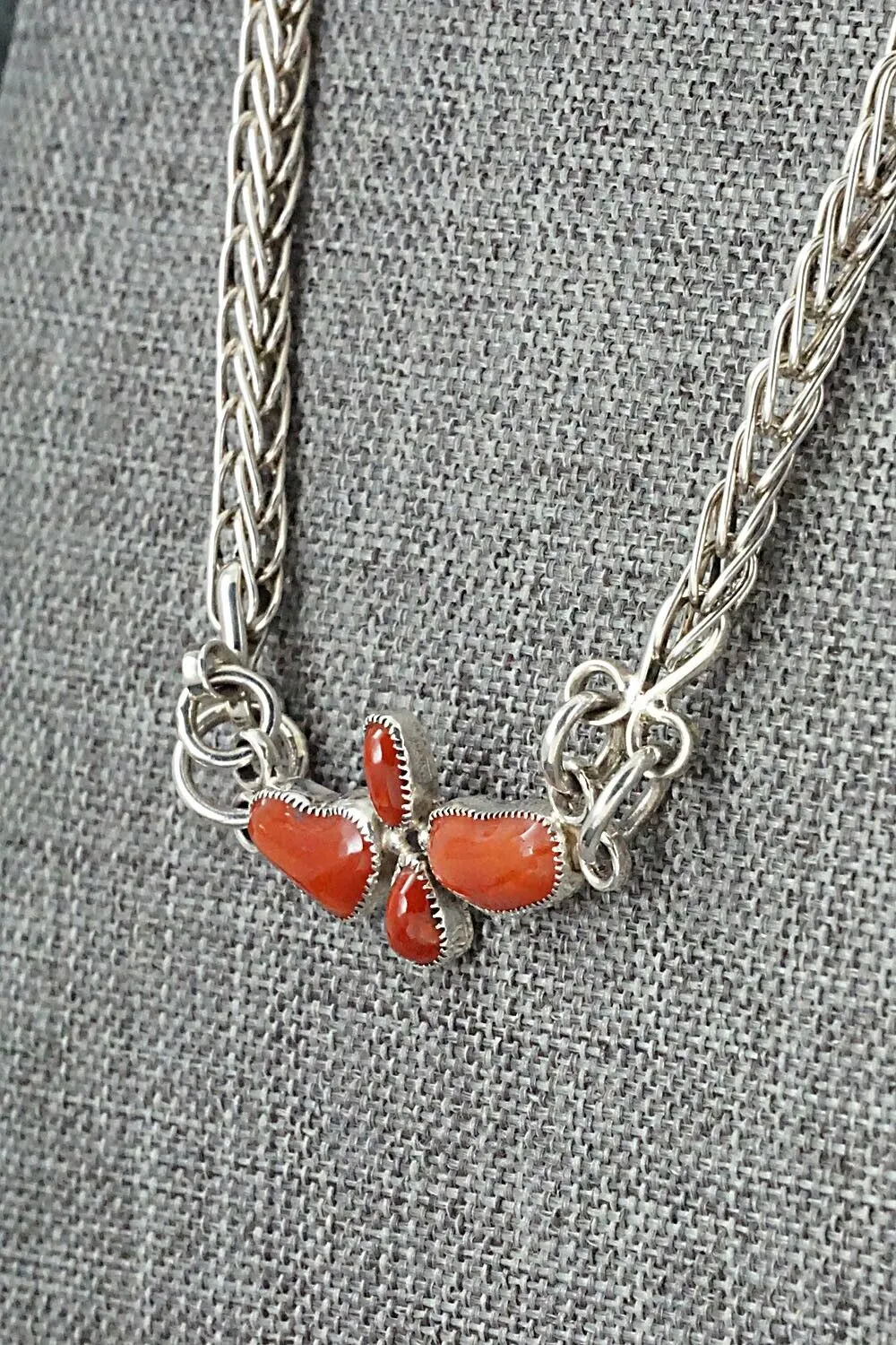 Coral & Sterling Silver Necklace and Earrings Set - Smokey Gchachu
