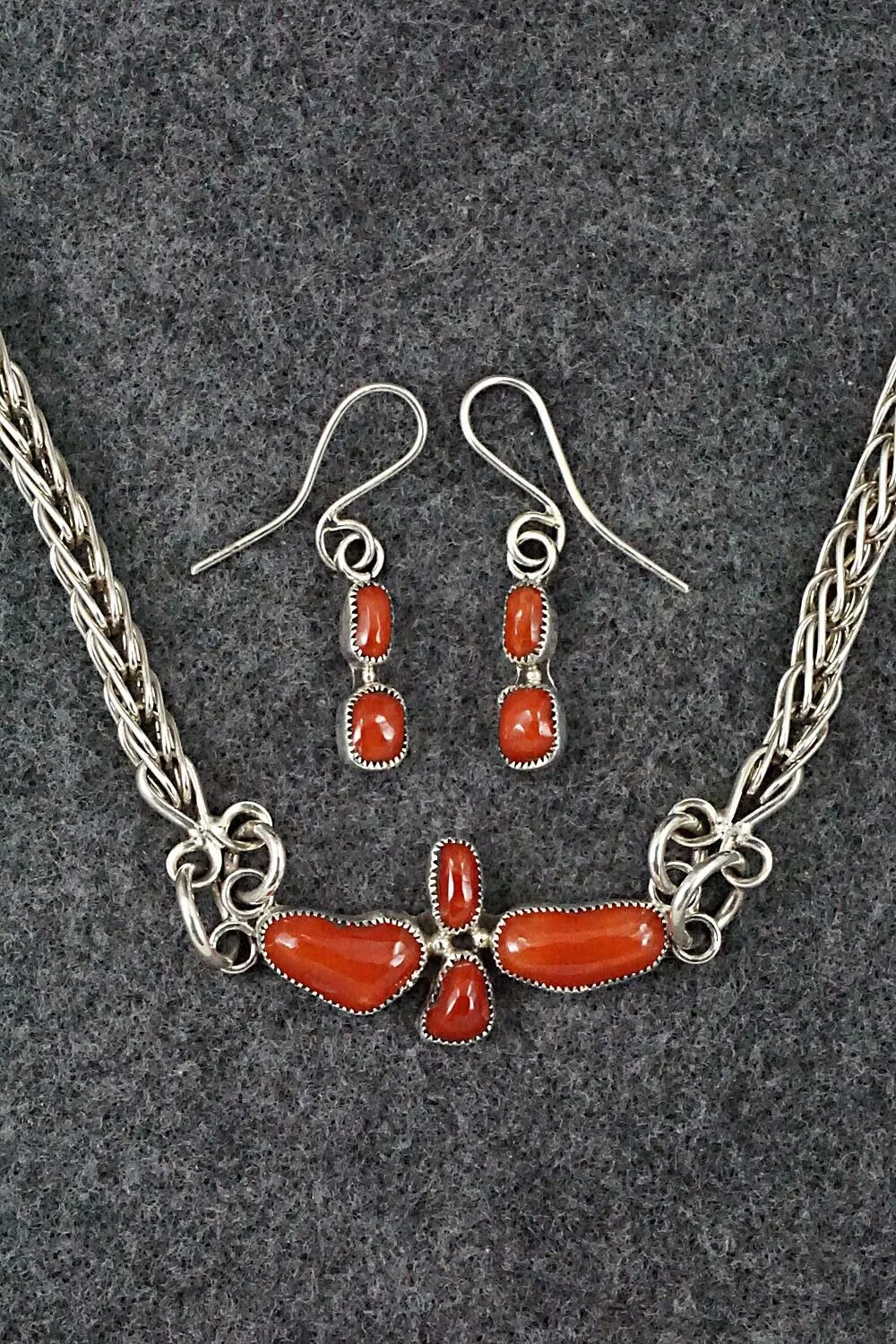 Coral & Sterling Silver Necklace and Earrings Set - Smokey Gchachu