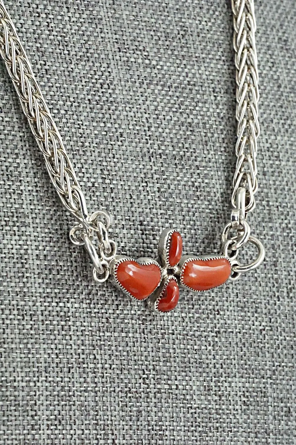 Coral & Sterling Silver Necklace and Earrings Set - Smokey Gchachu