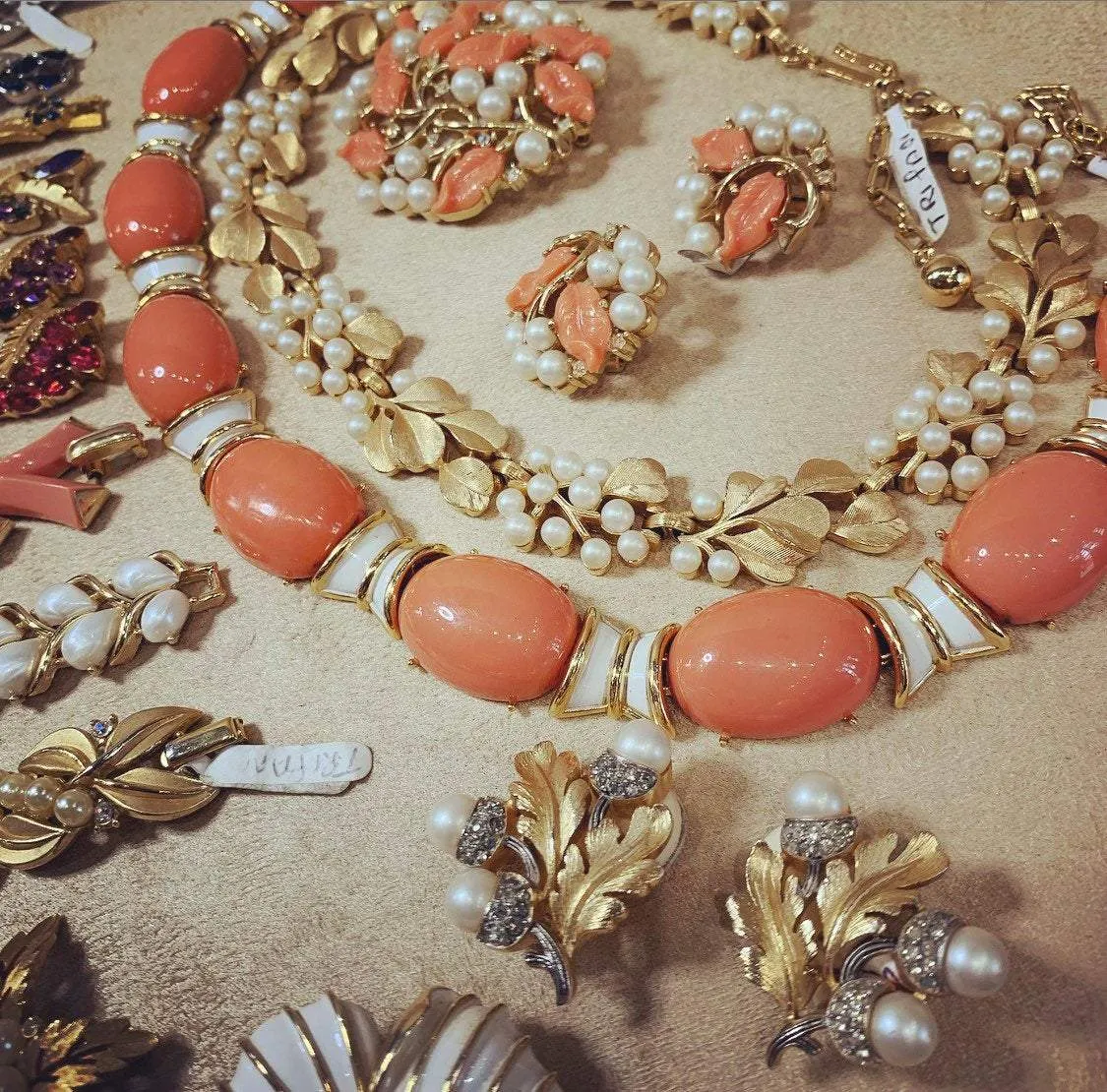 Coral and white Trifari necklace