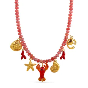 Coral Sea Life Charm Necklace - Lobster, Crab, Starfish & Shell 16" Waterproof