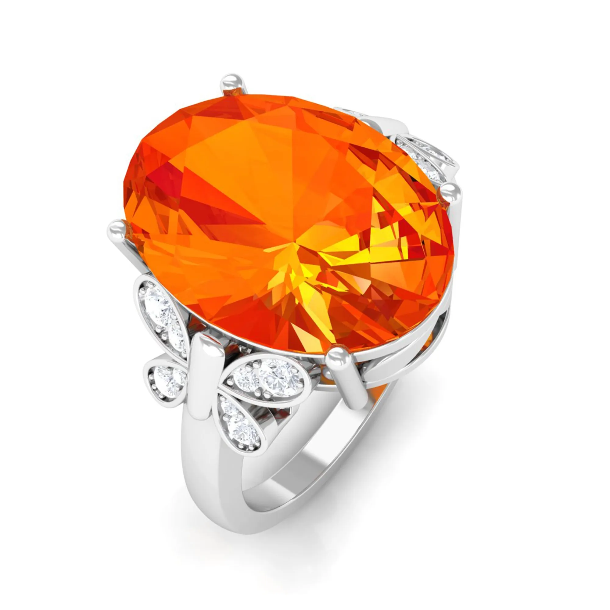 Created Orange Sapphire Oval Engagement Ring with Diamond