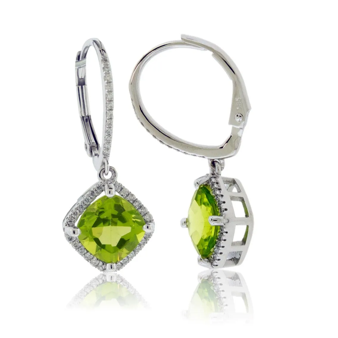 Cushion Shaped Peridot and Diamond Halo Drop Earrings