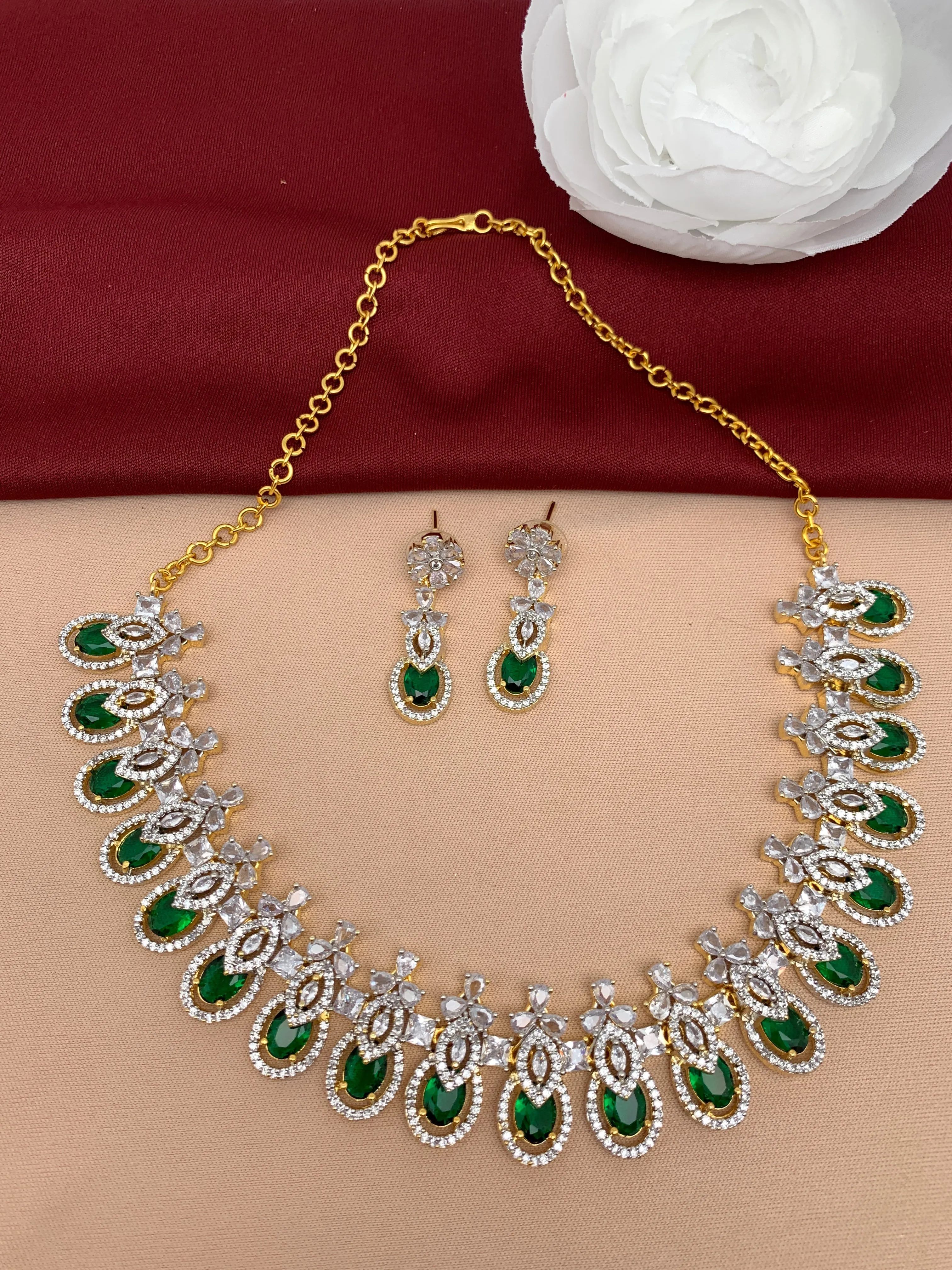 Diamond Finish American Diamond Emrald Green Stone Short Necklace