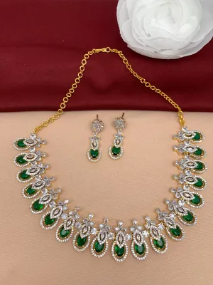Diamond Finish American Diamond Emrald Green Stone Short Necklace