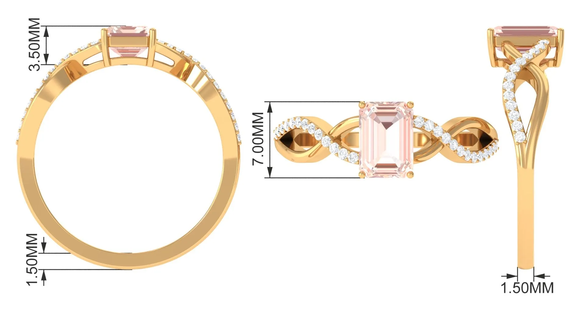 Emerald Cut Morganite Crossover Engagement Ring with Diamond