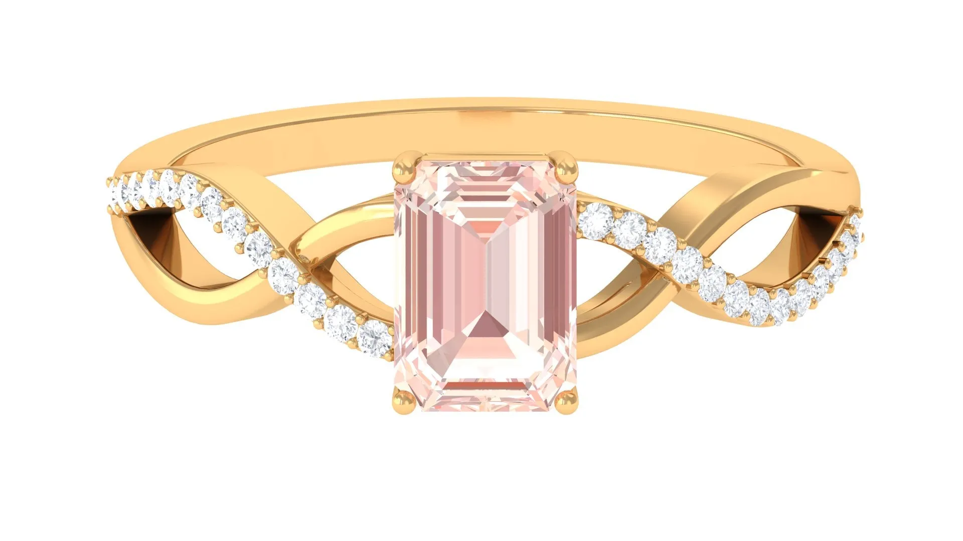 Emerald Cut Morganite Crossover Engagement Ring with Diamond