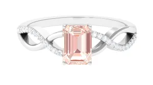 Emerald Cut Morganite Crossover Engagement Ring with Diamond