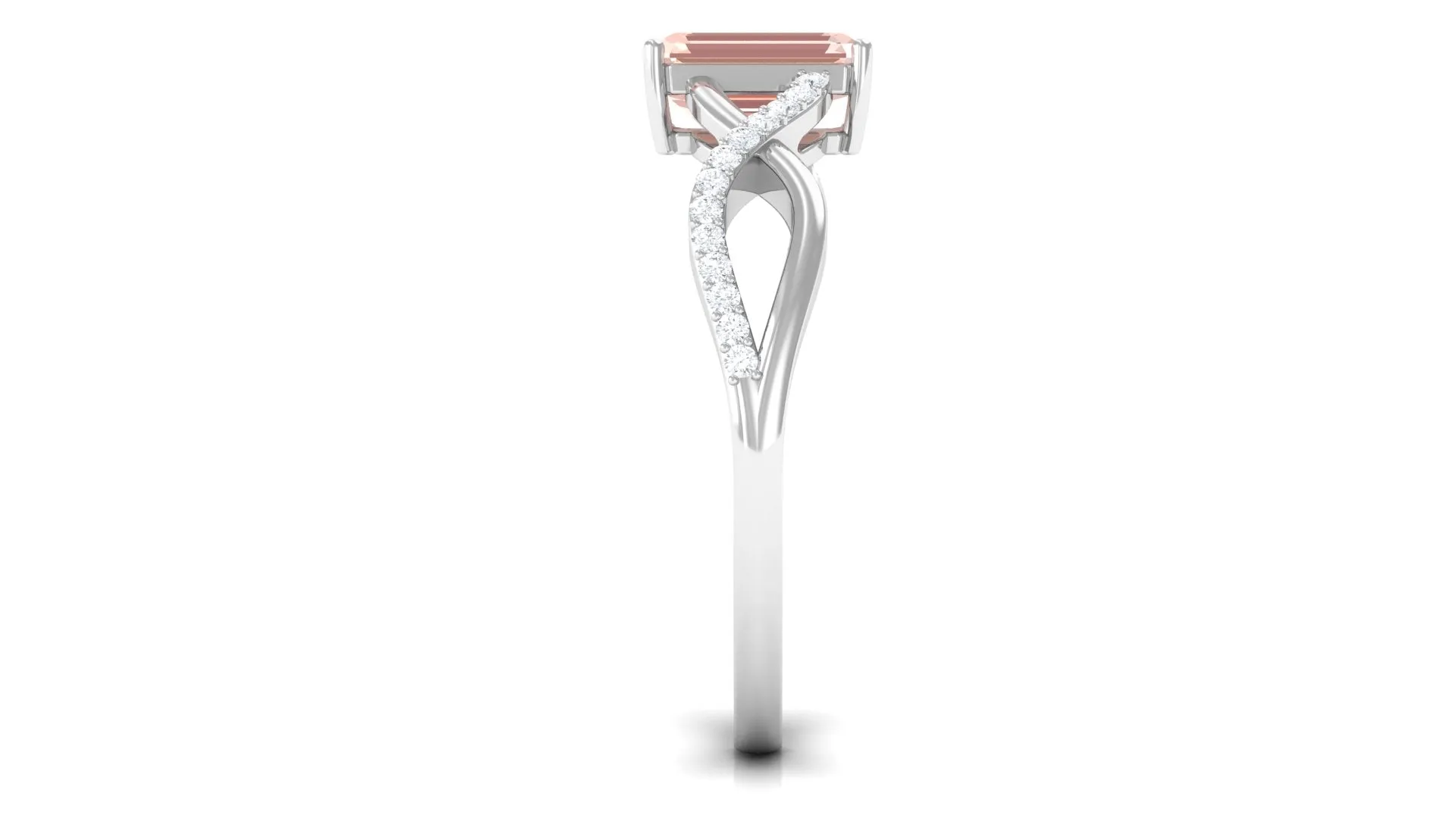 Emerald Cut Morganite Crossover Engagement Ring with Diamond