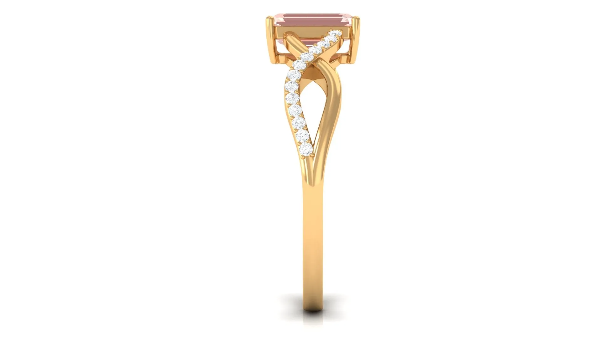 Emerald Cut Morganite Crossover Engagement Ring with Diamond