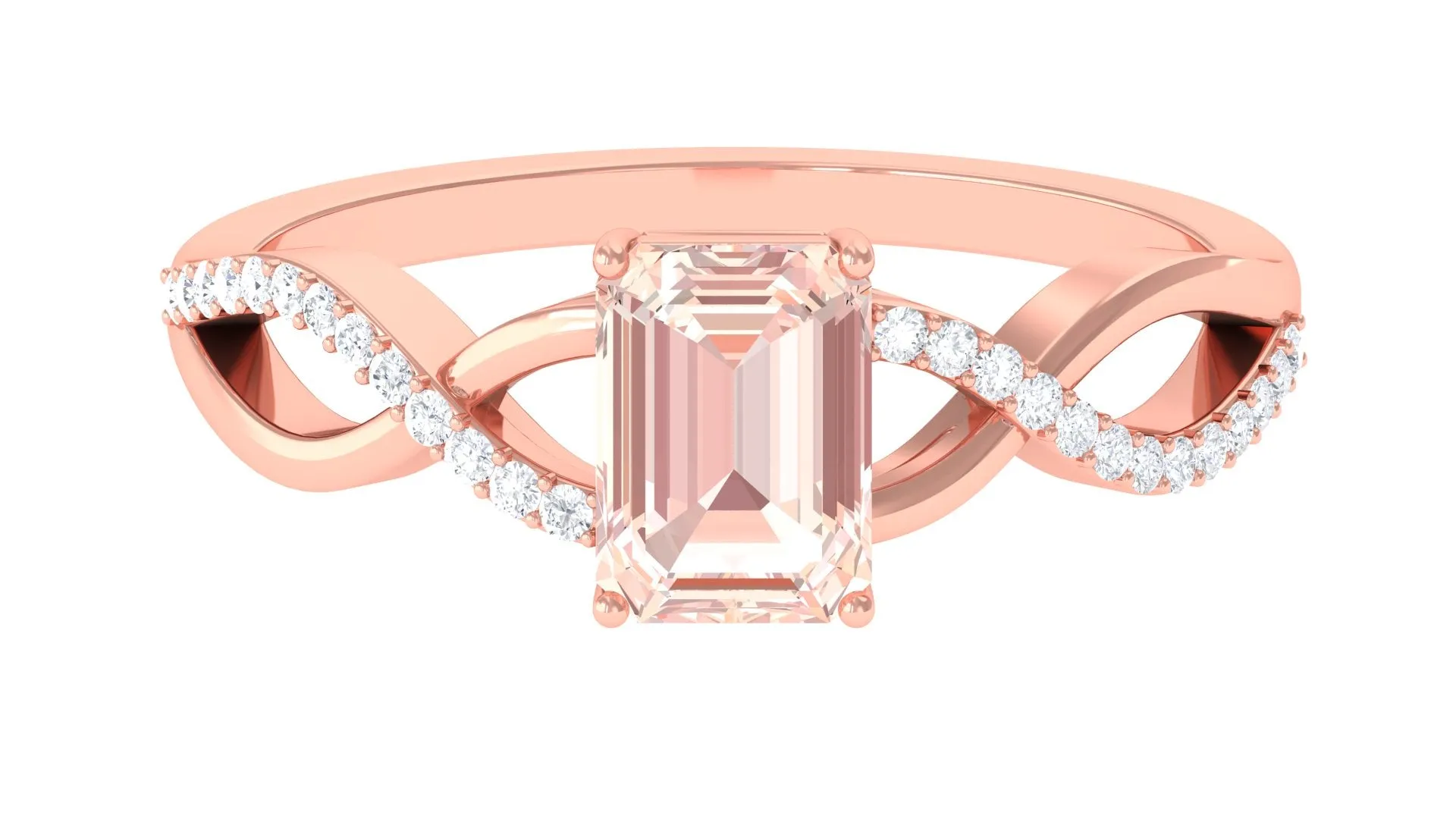 Emerald Cut Morganite Crossover Engagement Ring with Diamond