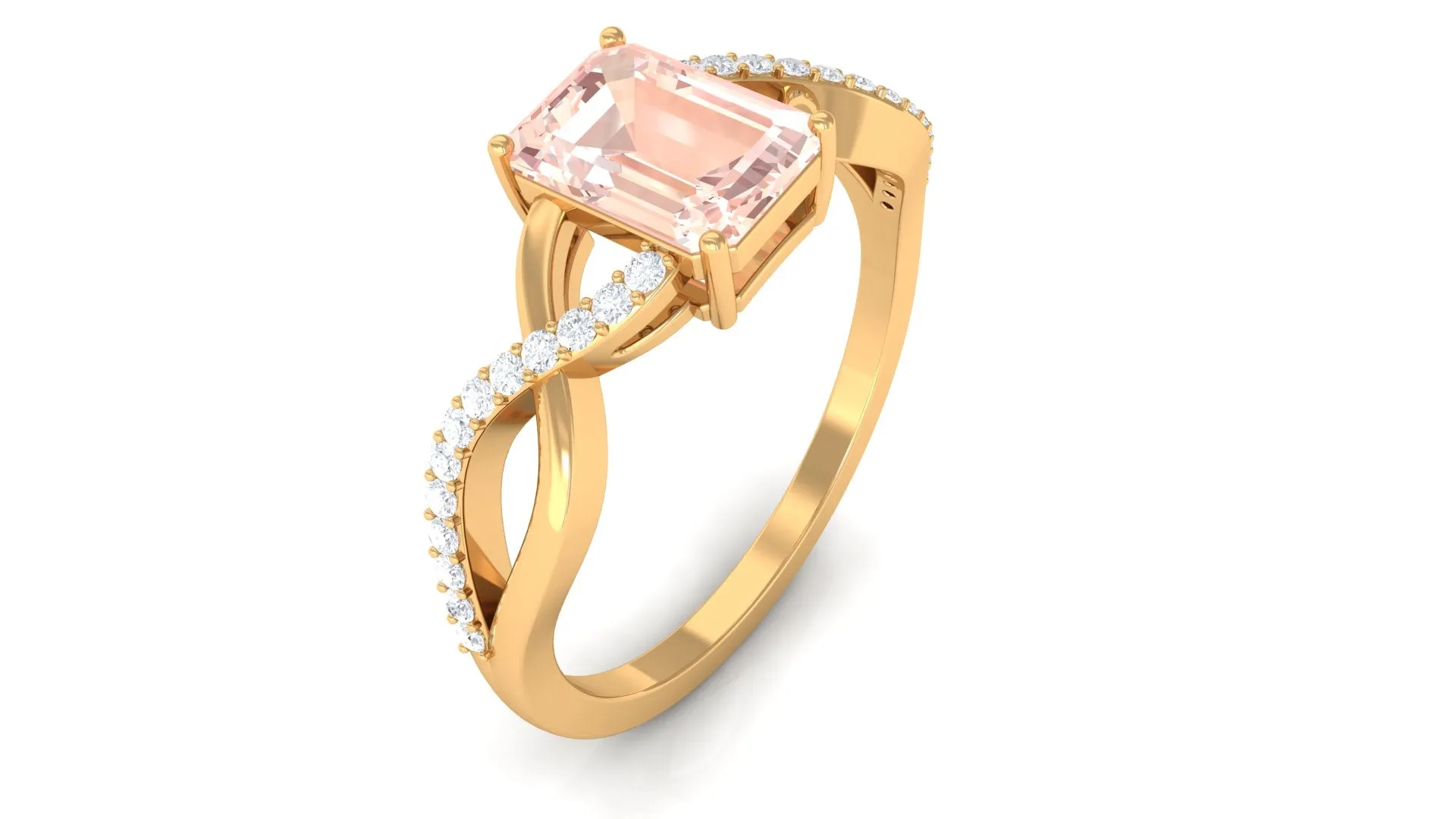 Emerald Cut Morganite Crossover Engagement Ring with Diamond
