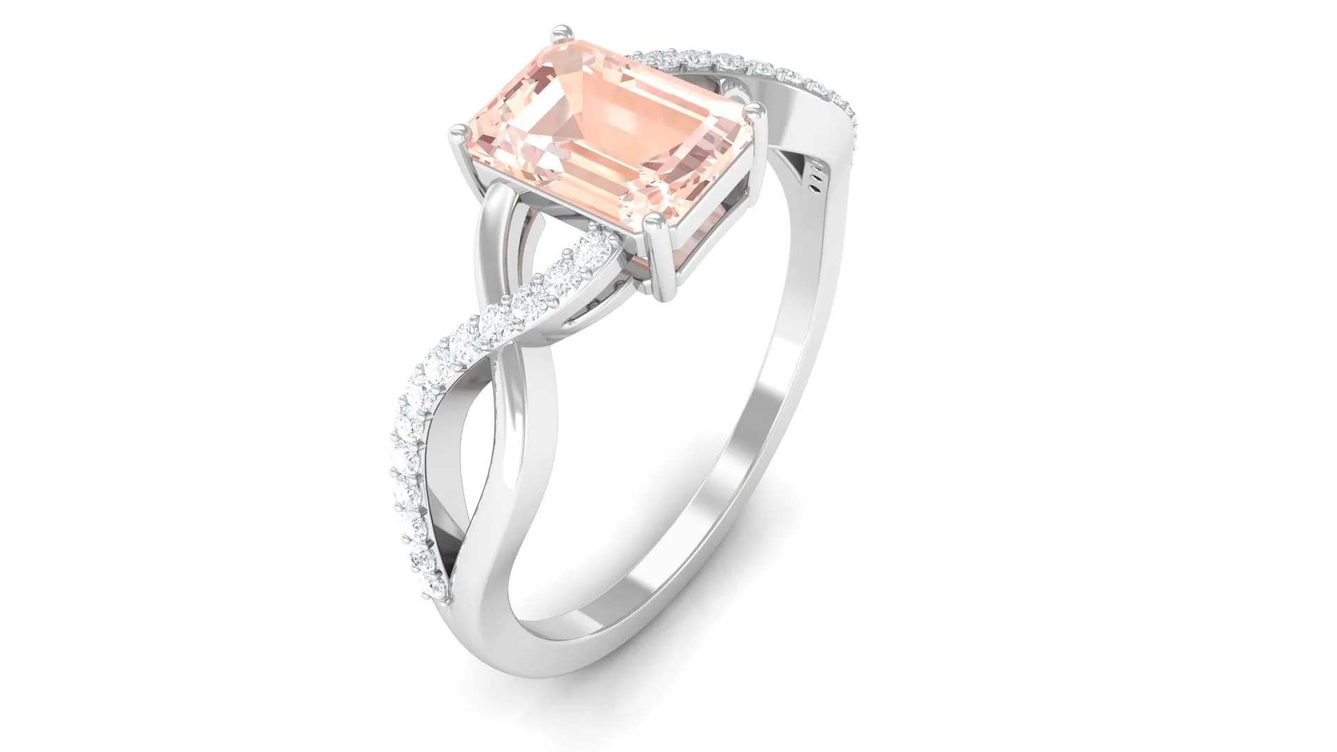Emerald Cut Morganite Crossover Engagement Ring with Diamond