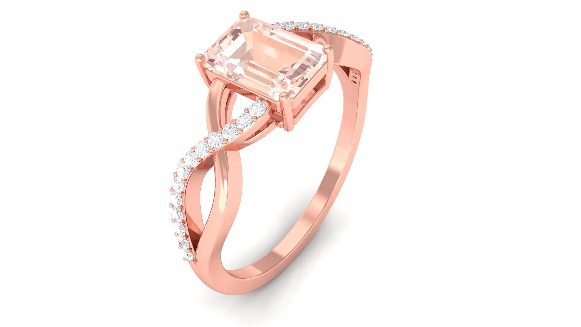 Emerald Cut Morganite Crossover Engagement Ring with Diamond