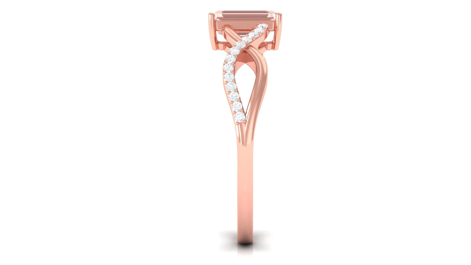 Emerald Cut Morganite Crossover Engagement Ring with Diamond
