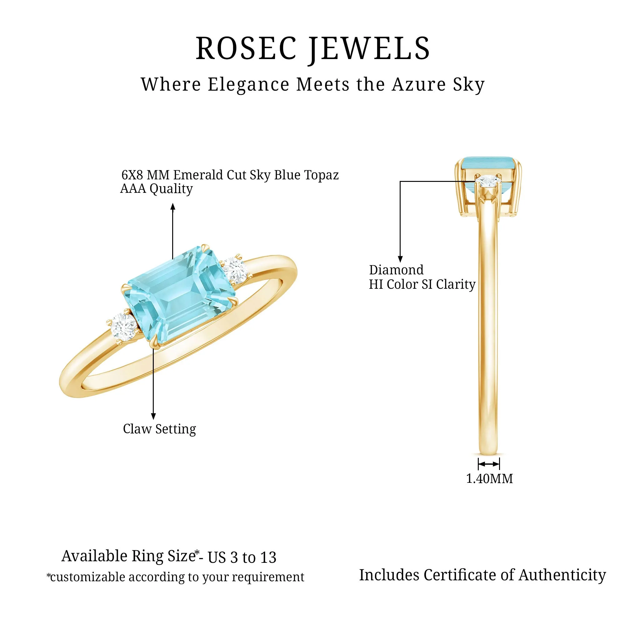 Emerald Cut Sky Blue Topaz East West Engagement Ring with Diamond
