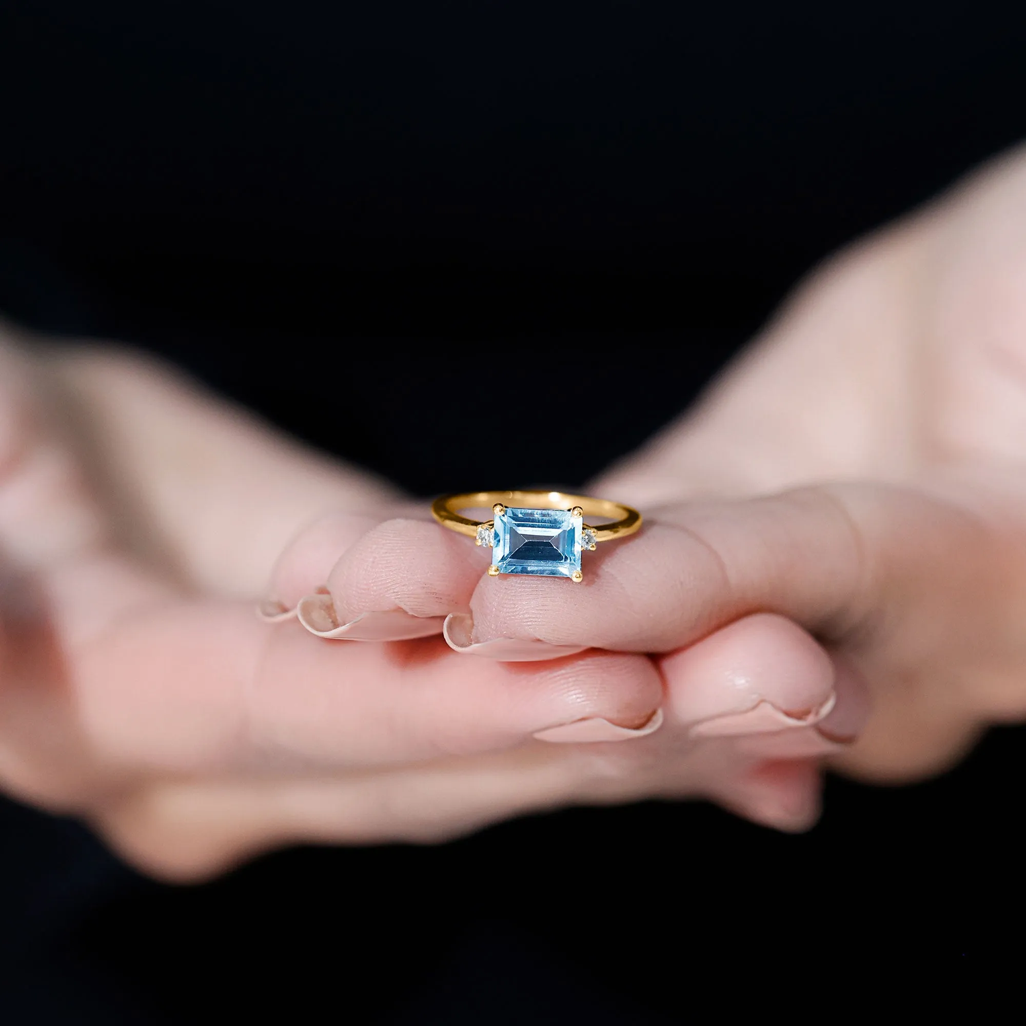Emerald Cut Sky Blue Topaz East West Engagement Ring with Diamond