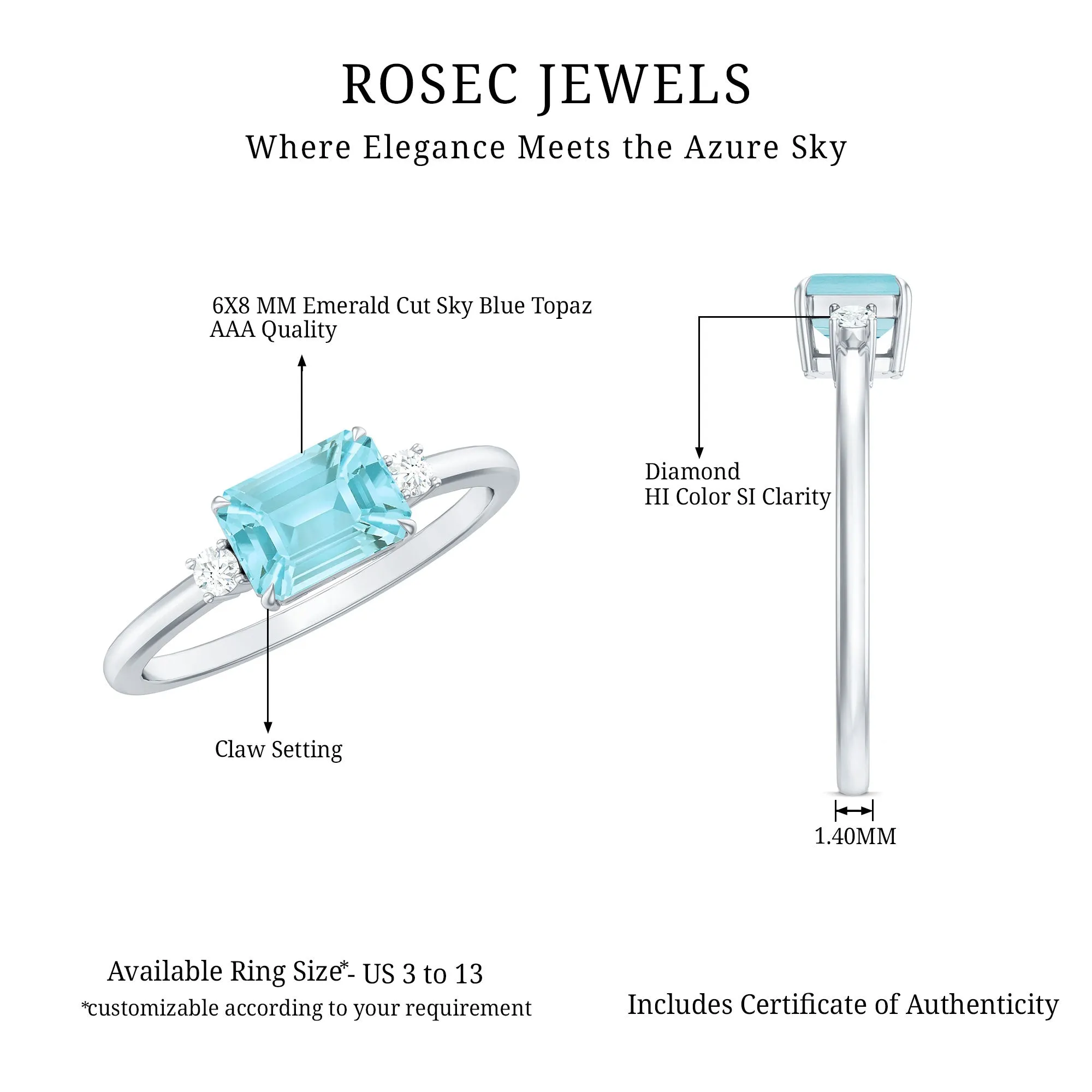 Emerald Cut Sky Blue Topaz East West Engagement Ring with Diamond