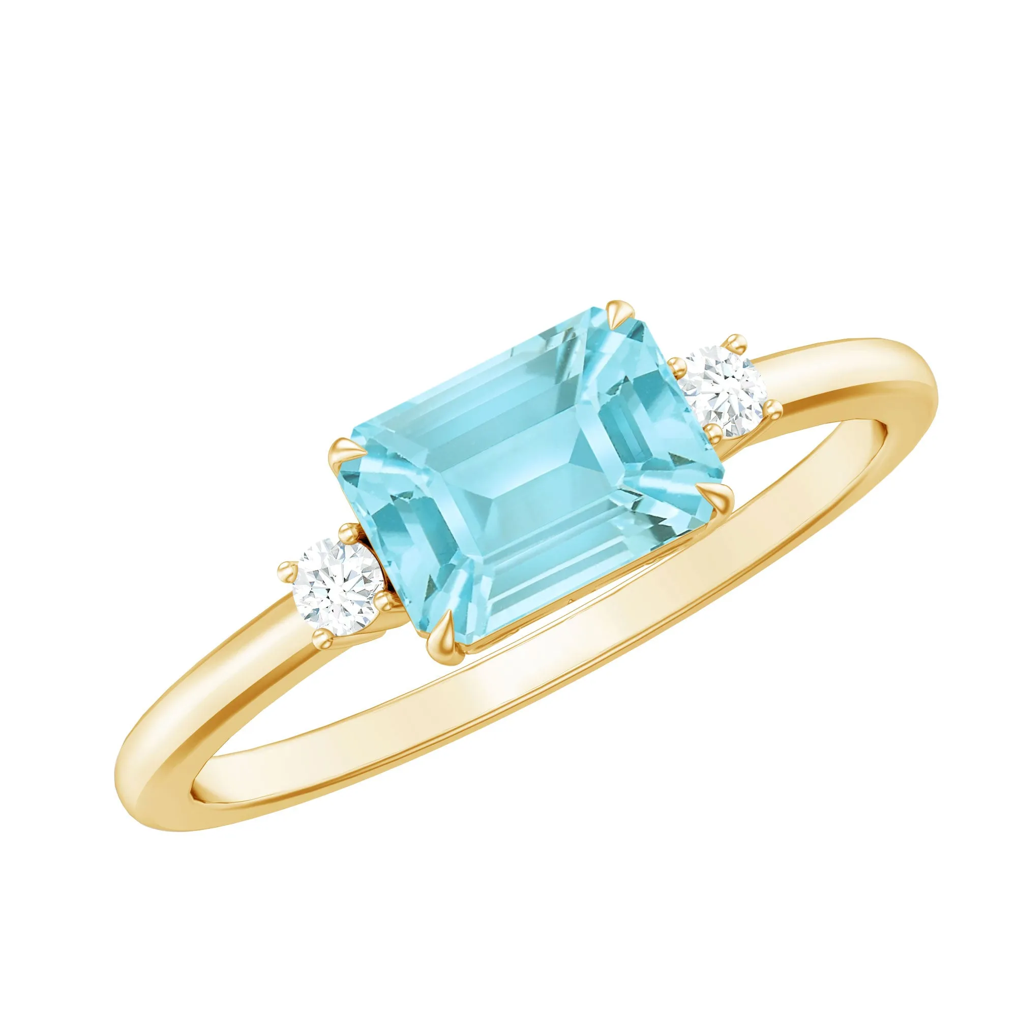Emerald Cut Sky Blue Topaz East West Engagement Ring with Diamond