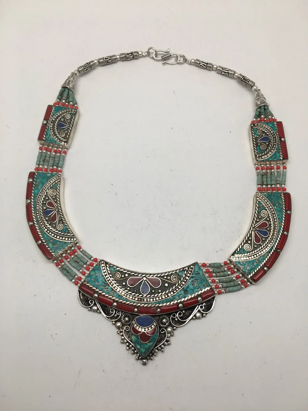 Ethnic Tribal Nepalese Lapis, Green Turquoise & Red Coral Inlay Necklace,E285