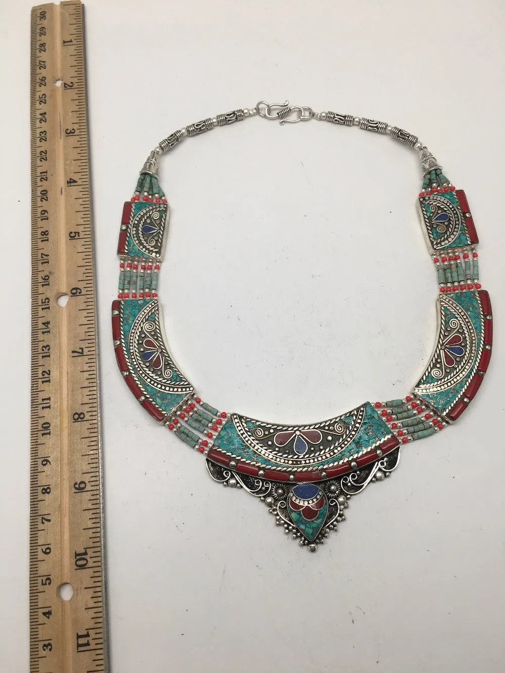 Ethnic Tribal Nepalese Lapis, Green Turquoise & Red Coral Inlay Necklace,E285