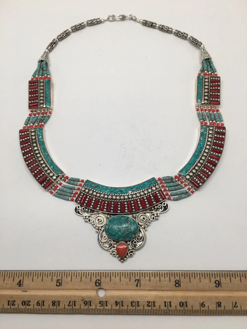 Ethnic Tribal Nepalese tribal Red Coral & Turquoise Inlay Boho Necklace, E216