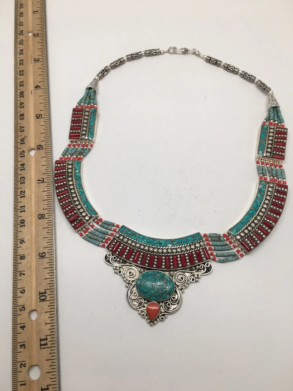 Ethnic Tribal Nepalese tribal Red Coral & Turquoise Inlay Boho Necklace, E216