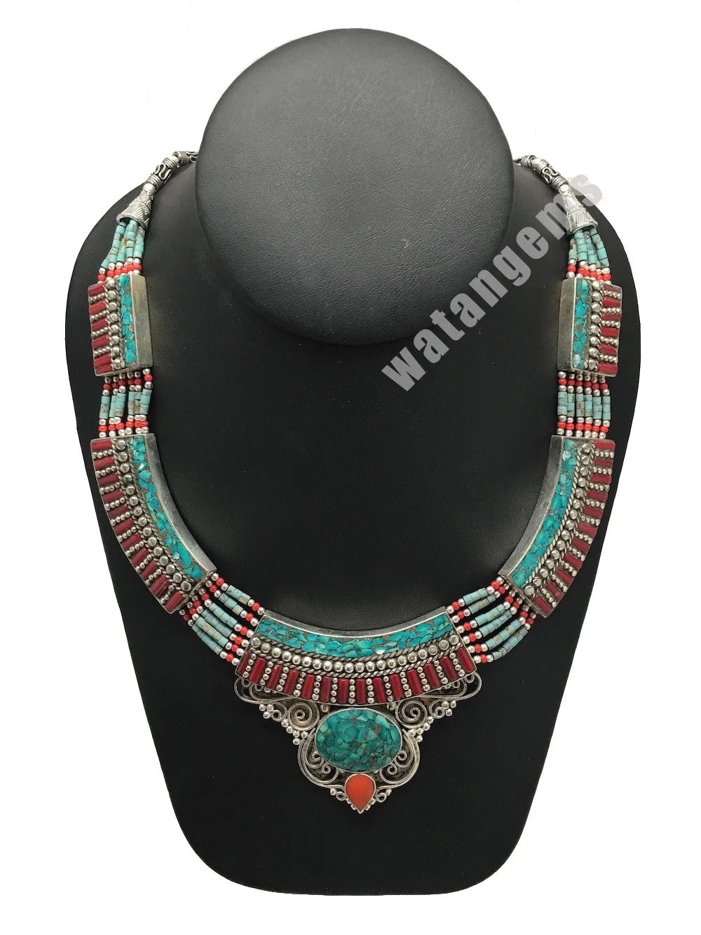 Ethnic Tribal Nepalese tribal Red Coral & Turquoise Inlay Boho Necklace, E216
