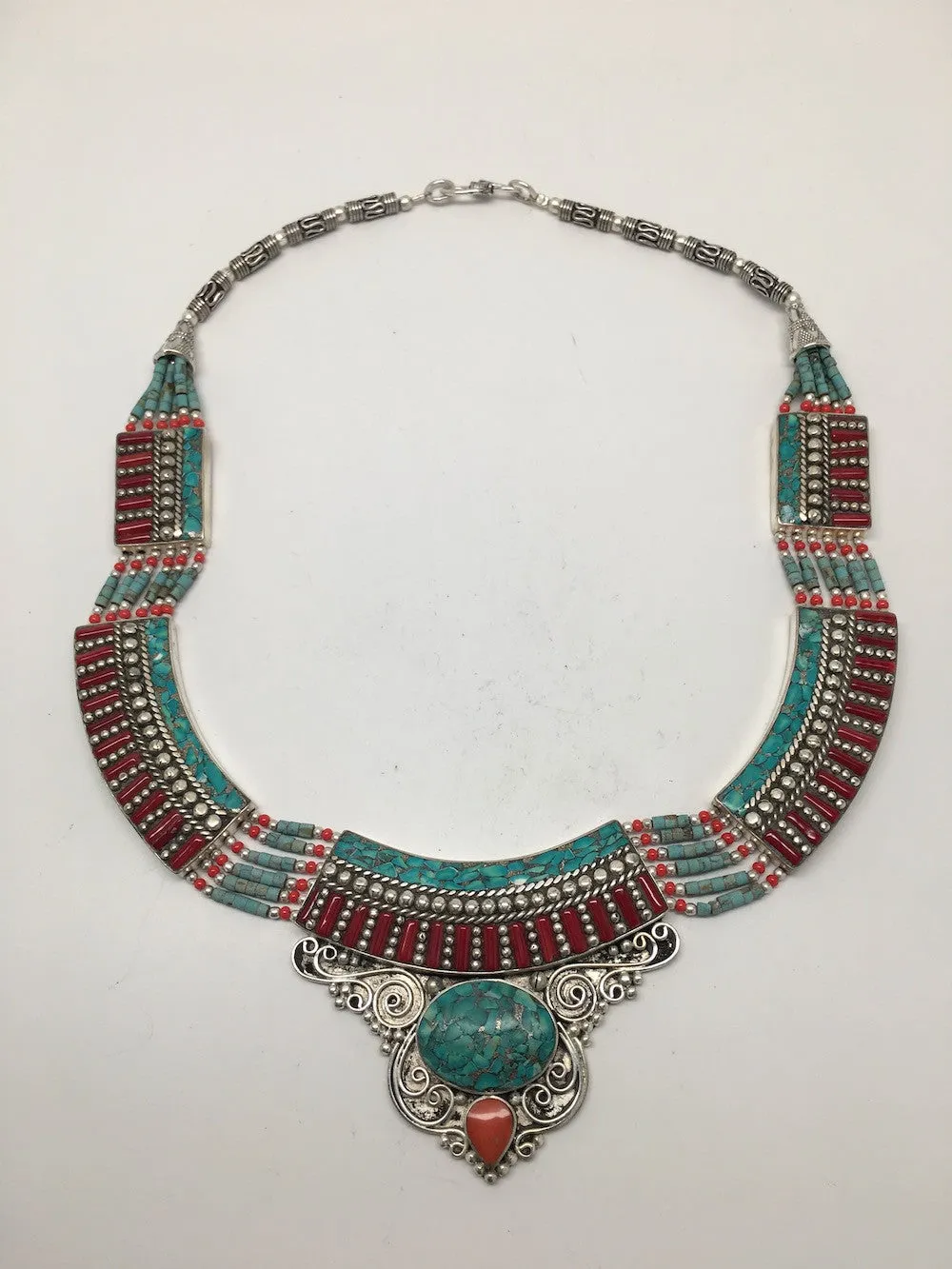 Ethnic Tribal Nepalese tribal Red Coral & Turquoise Inlay Boho Necklace, E216