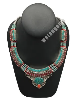 Ethnic Tribal Nepalese tribal Red Coral & Turquoise Inlay Boho Necklace, E216