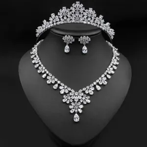 Fashion Floral Motif Tiara-Crown Necklace and Earring Set for Bride or Mis Quince